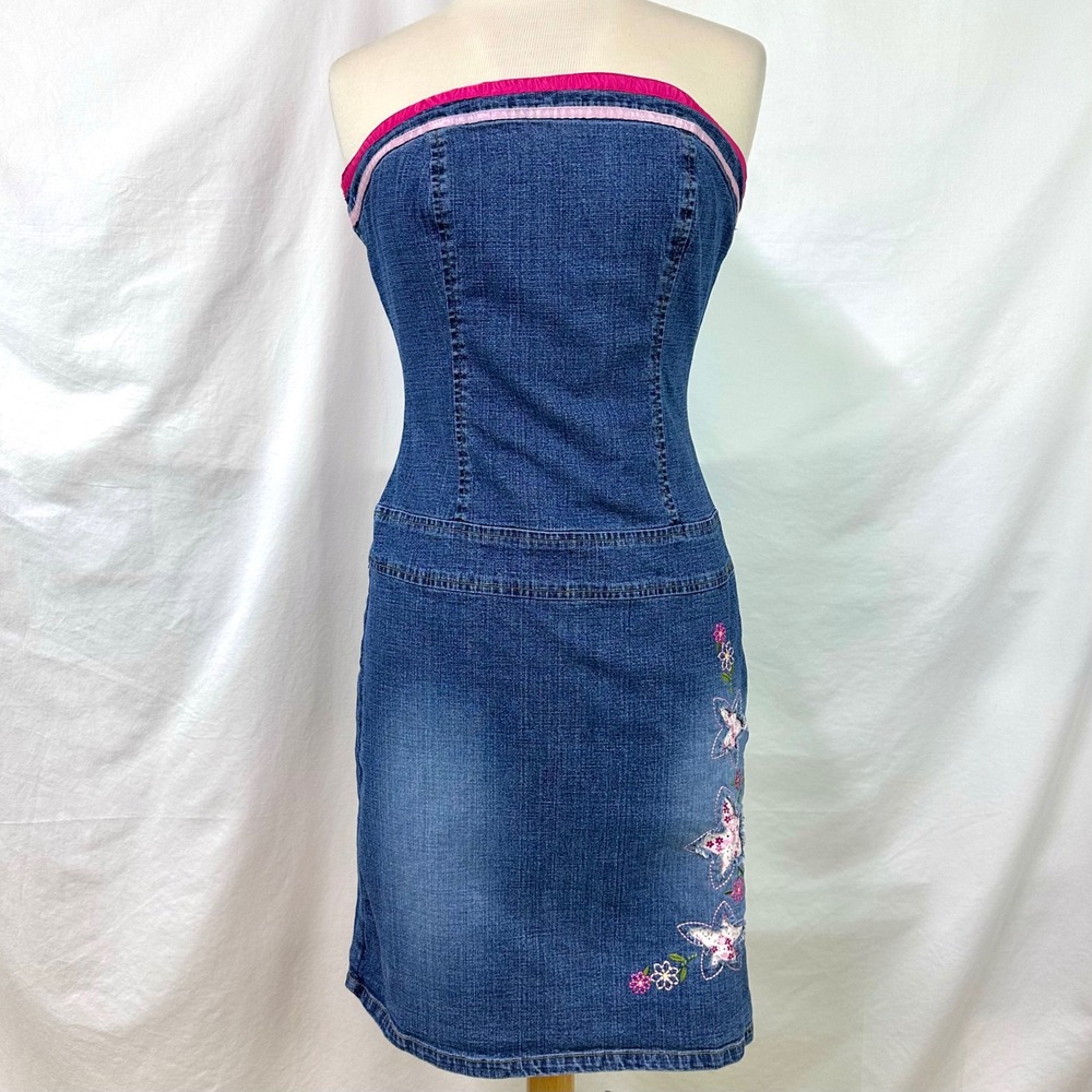 VINTAGE Y2K SFUZI Pink Denim Bodycon Tube Mini‎ Dress Embroidered Size 7 McBling